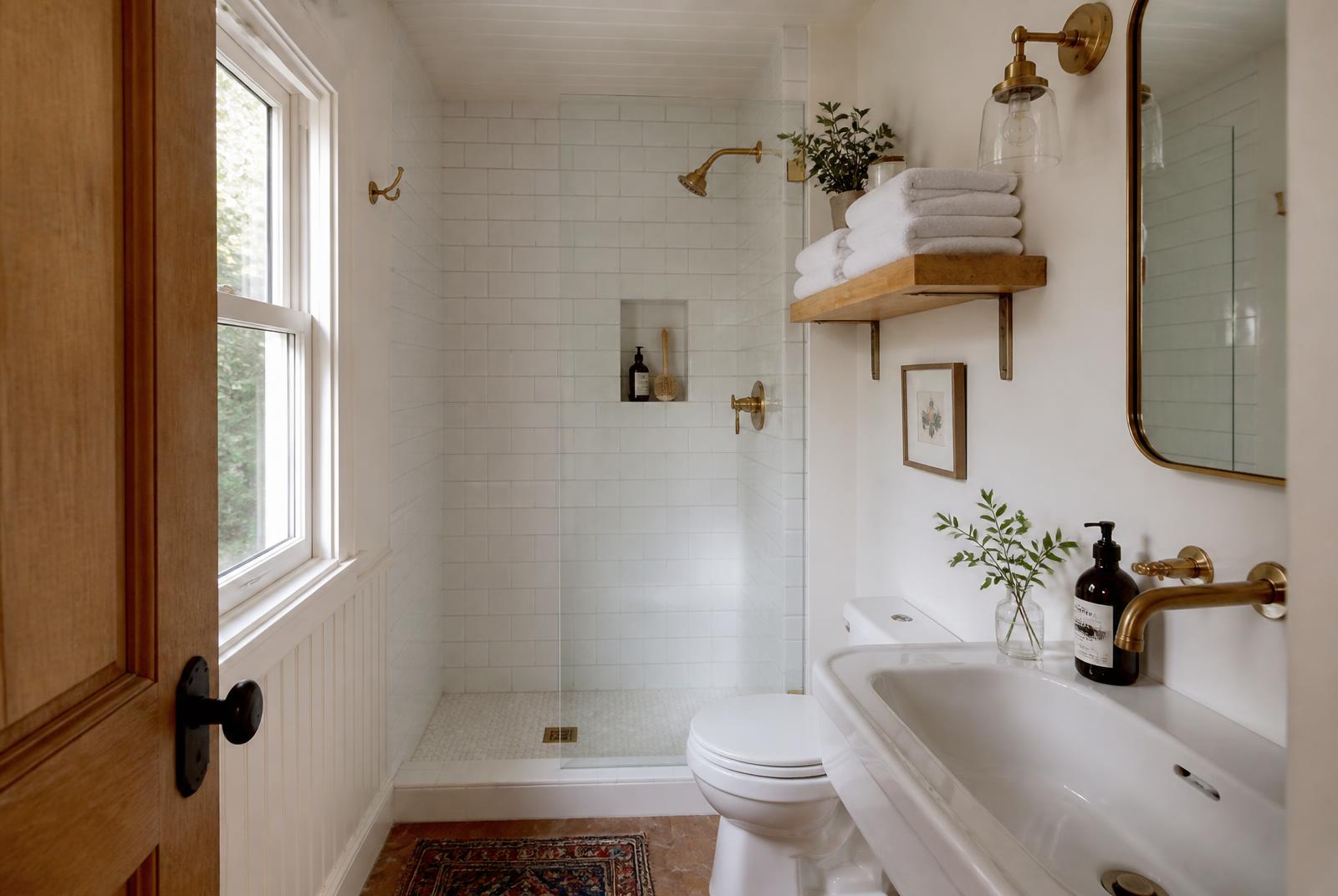 Private bathroom with walk-in shower, white tiling, brass fittings and folded white towels