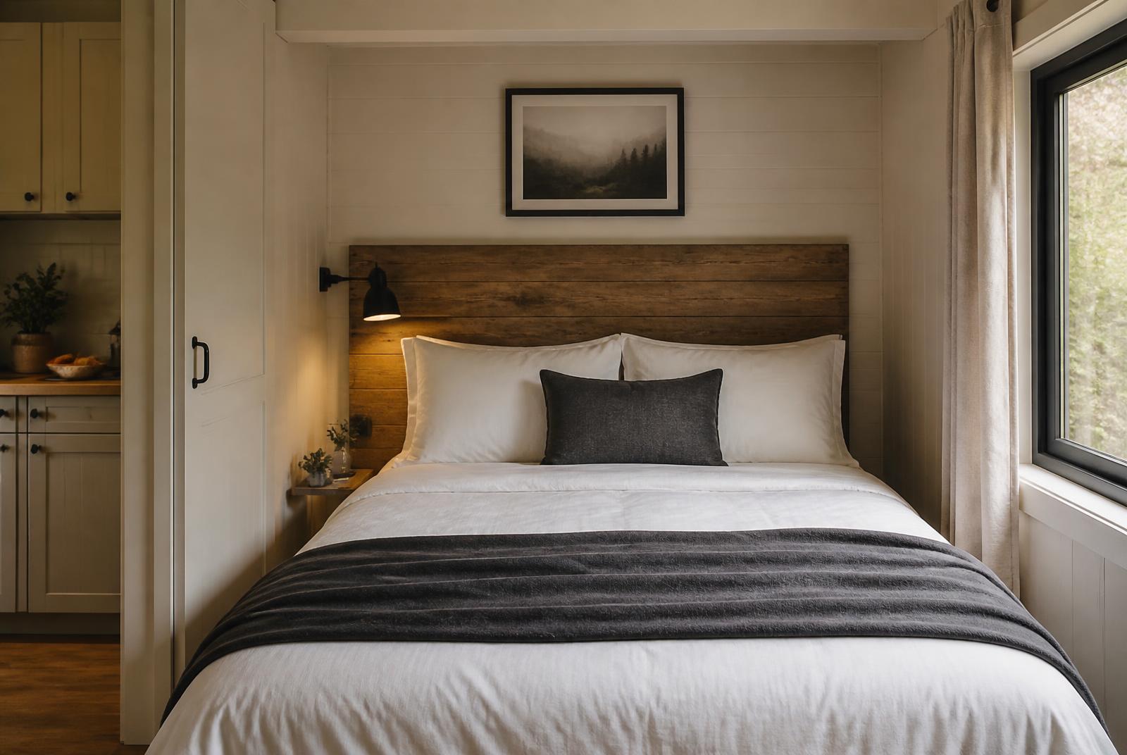 Super king-size bed with crisp white linen, charcoal throw and a timber headboard under a framed print