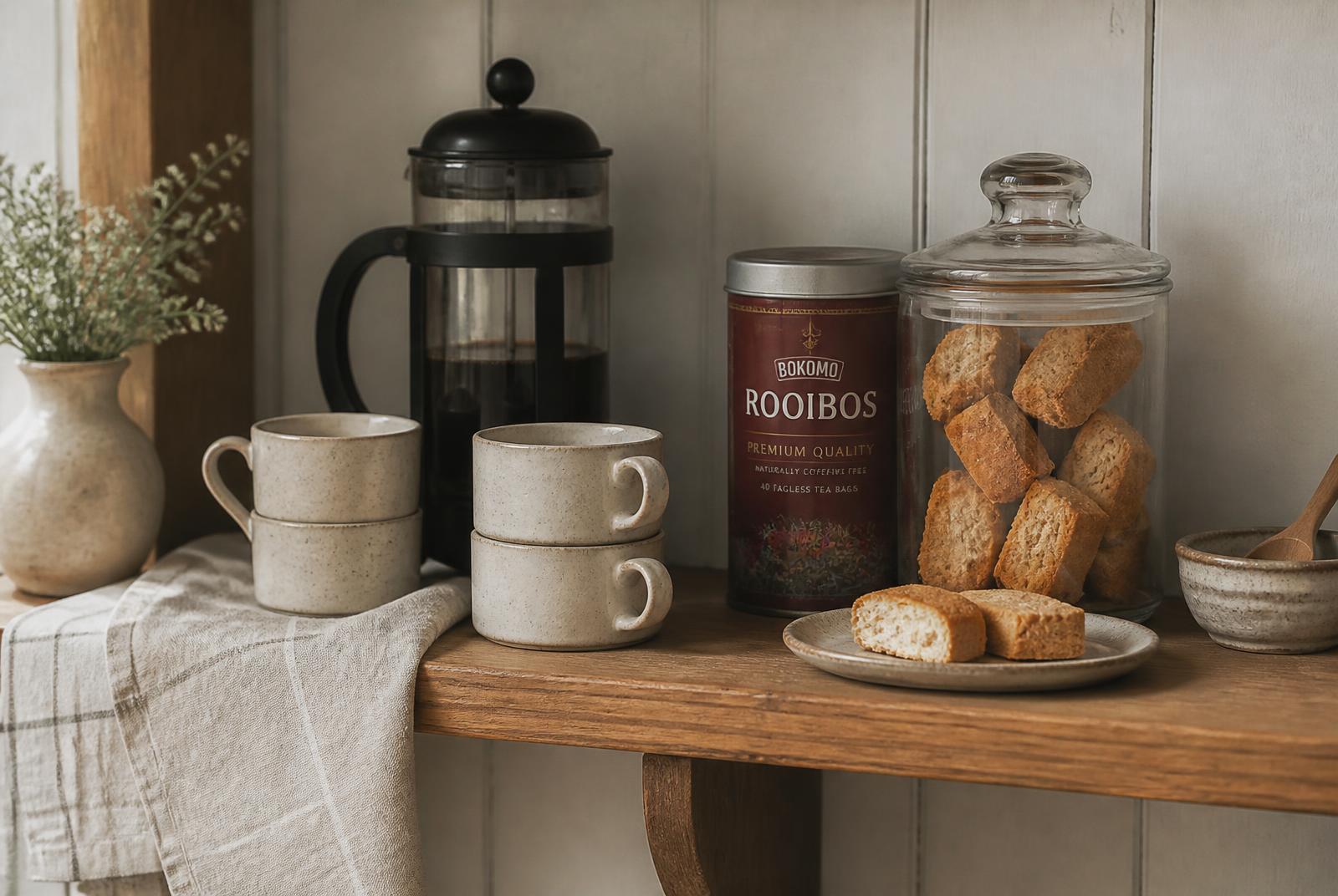 Coffee station detail with plunger, ceramic mugs, rooibos tea and a jar of rusks