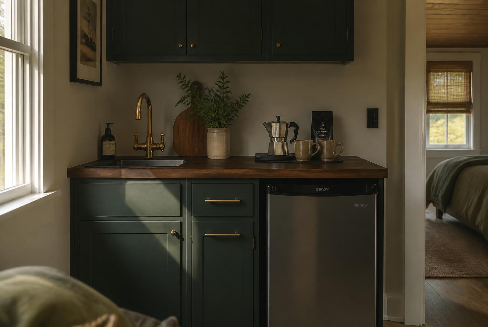Compact kitchenette with dark green cabinetry, brass tap, timber counter and coffee station