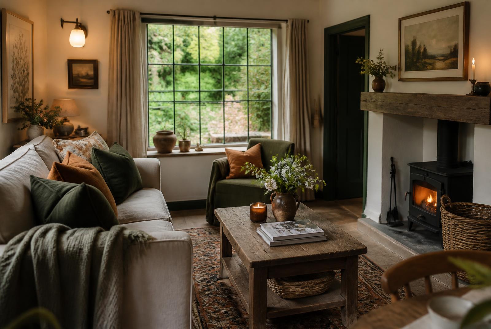 Studio living corner with linen sofa, timber coffee table and a lit wood-burning fireplace
