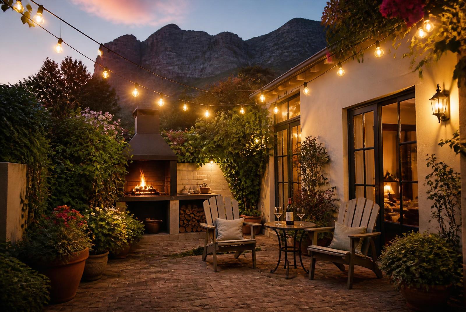 Private walled patio at dusk with two chairs, a lit braai and string lights overhead